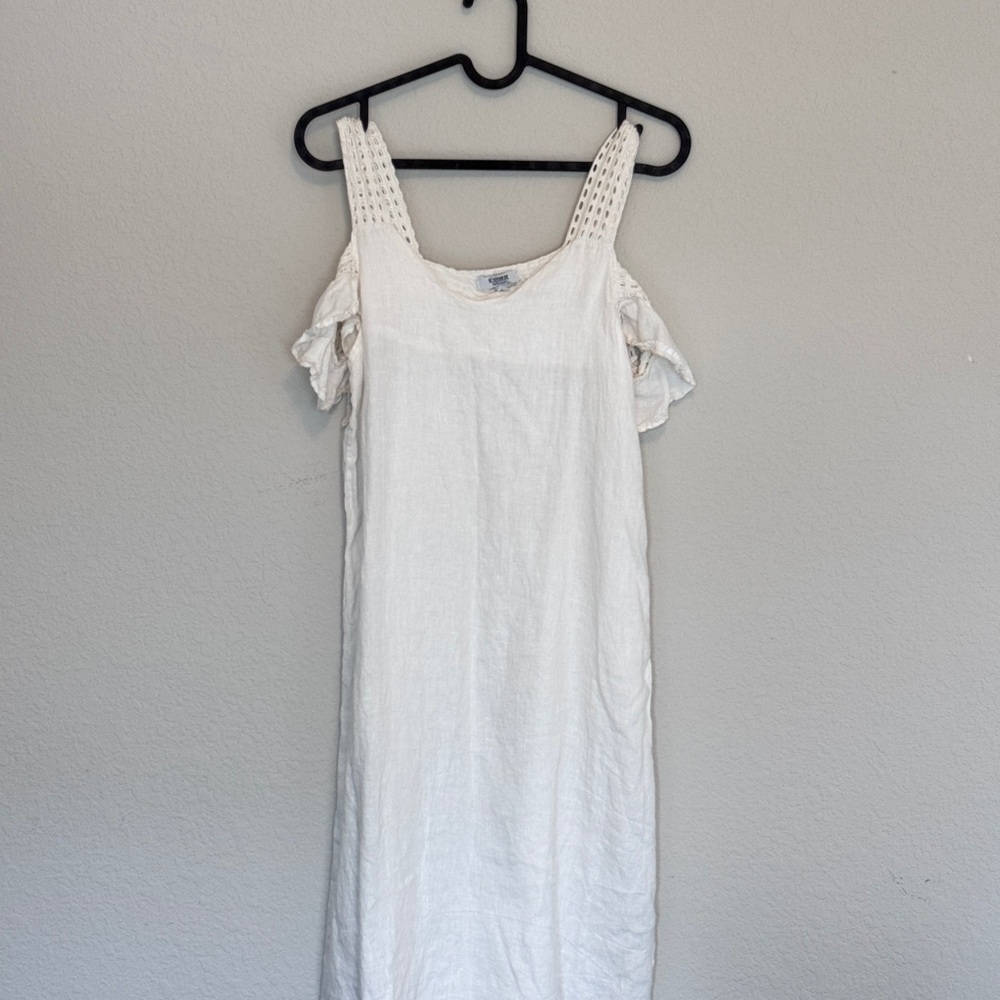 White Linen Dress with Ruffle Shoulder
